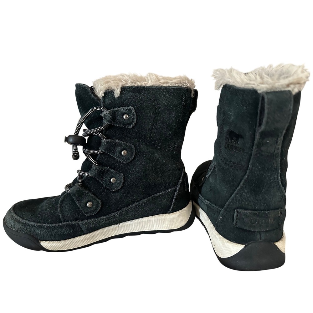 Sorel Youth Whitney II Joan Lace Up Boots Sz 11 Black Suede Fur Lined